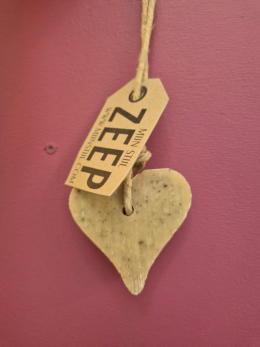 Zeep aan touw hart taupe gespikkeld